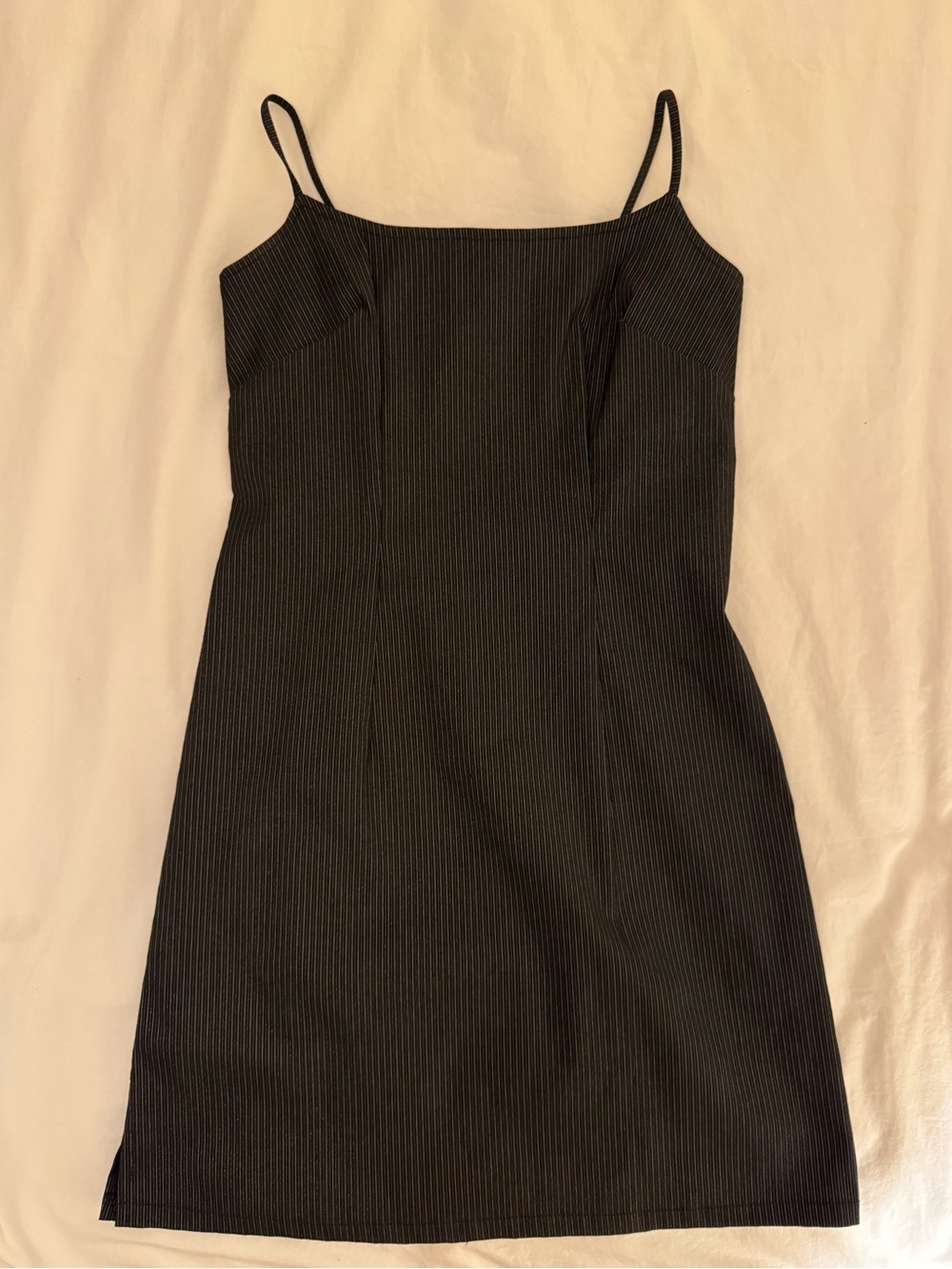 Classic Black Pinstripe Slip Dress with Spaghetti Straps